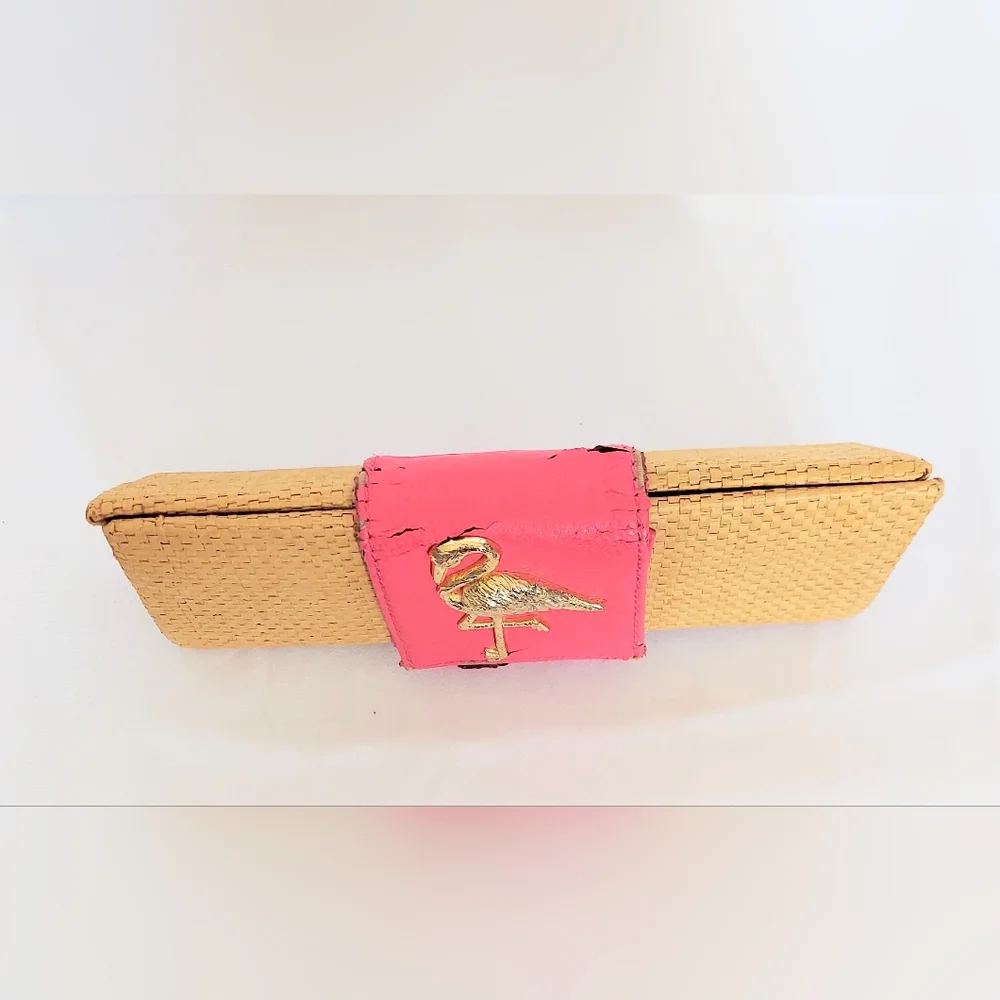 Mud Pie Rattan Flamingo Clutch Pink